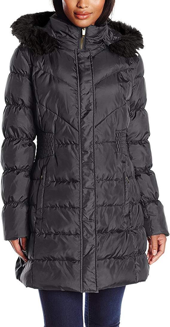 M&S&W Womens Solid Fur Collar Full Zip Ultralight Packable Long Puffer Down Coat
