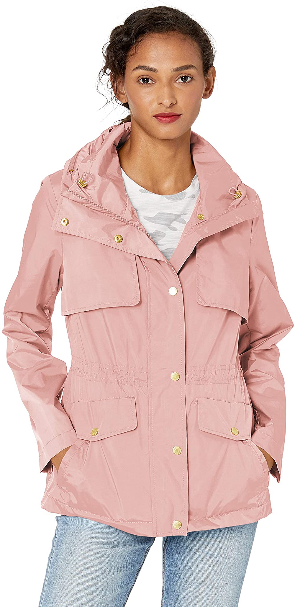Womens Zip-Up Anorak Drawstring Hoodie Jacket Sanp on Warm Jackets Full Zip Rain Coat with Pocket