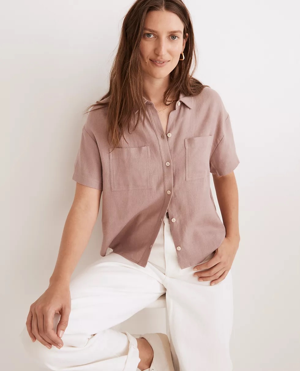 Ladies Short Sleeve Linen Shirt Casual Solid Color O Neck Oversized Baggy Top Women Plus Size Shirts 