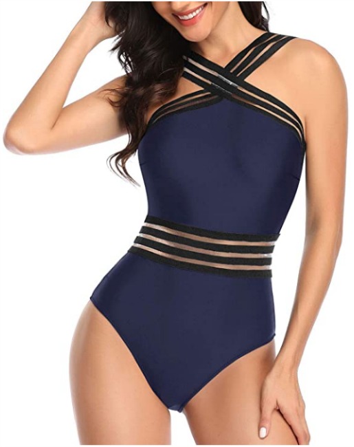 BONIEE Women's One Piece Padded Swimsuit Athletic Tummy Control V Neck Swimwear Stripe Cross Bathing Suits