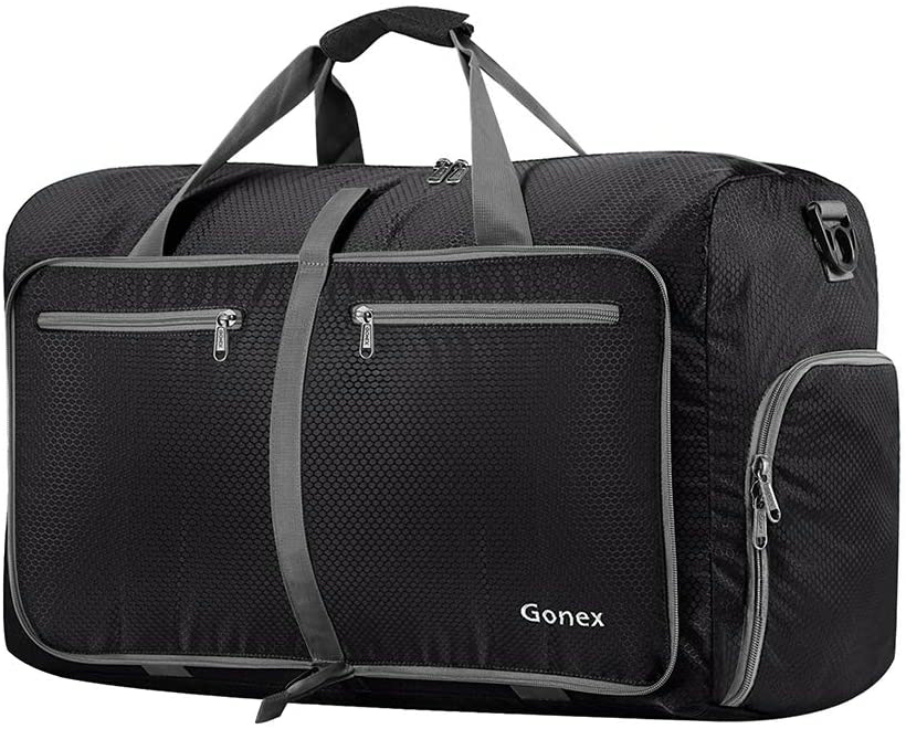 Black Vogshow 80L Large Packable Travel Duffle Bag Overnight Weekend Carry on Holdall Bag Foldable Sports Gym Bag with Shoe Compartment for Men Women