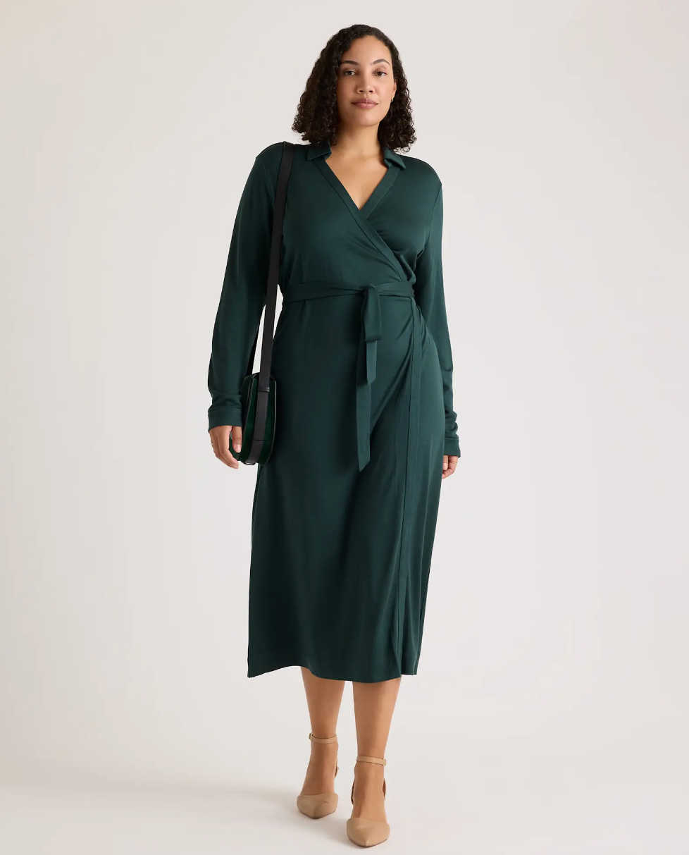 chinese dress ladies Pink Split Neck Three Quarter Sleeve Tiered Midi Dress – SSYS main image 1